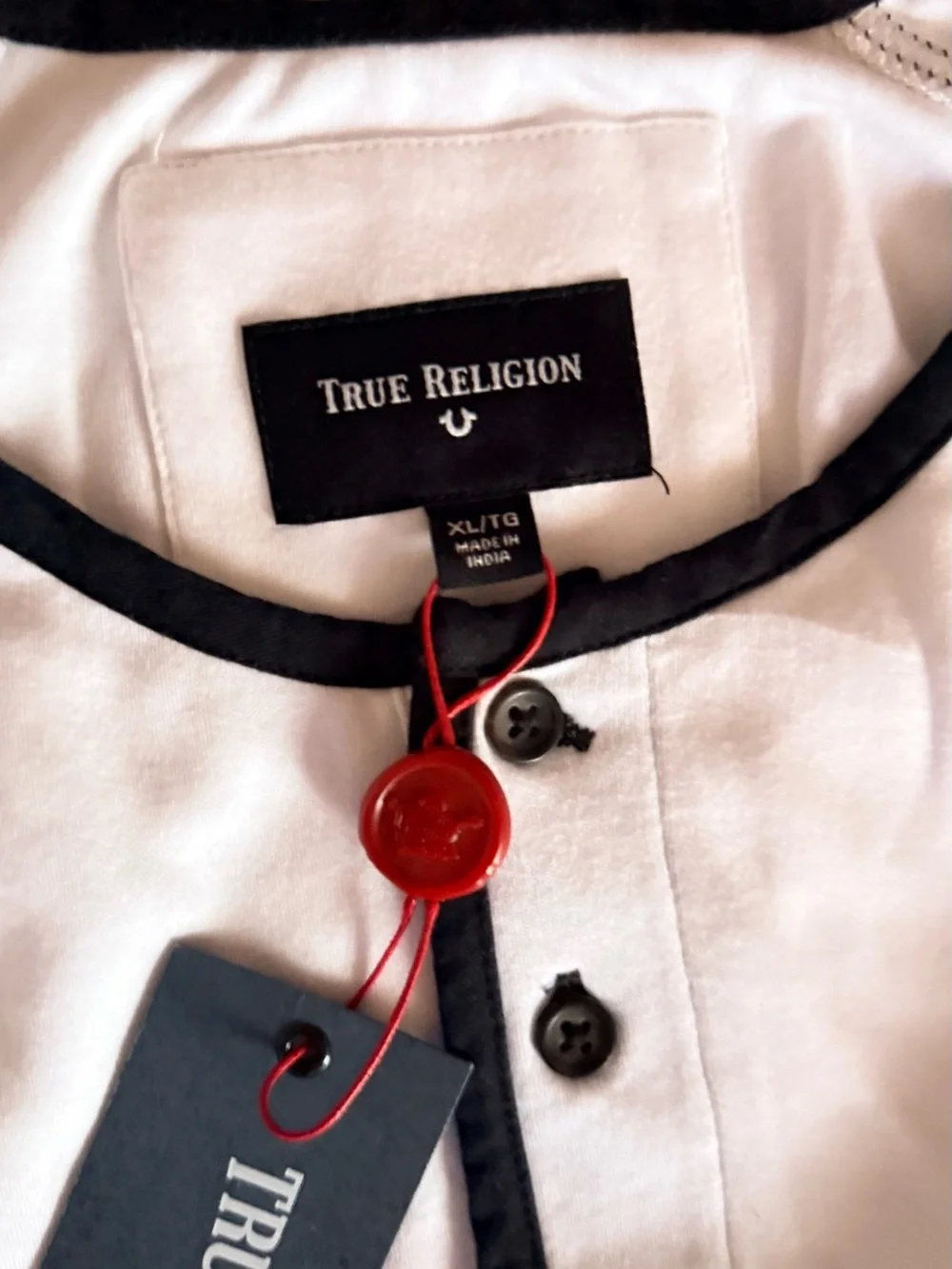 True Religion White Long-Sleeve Henley with Black Contrast Trim
